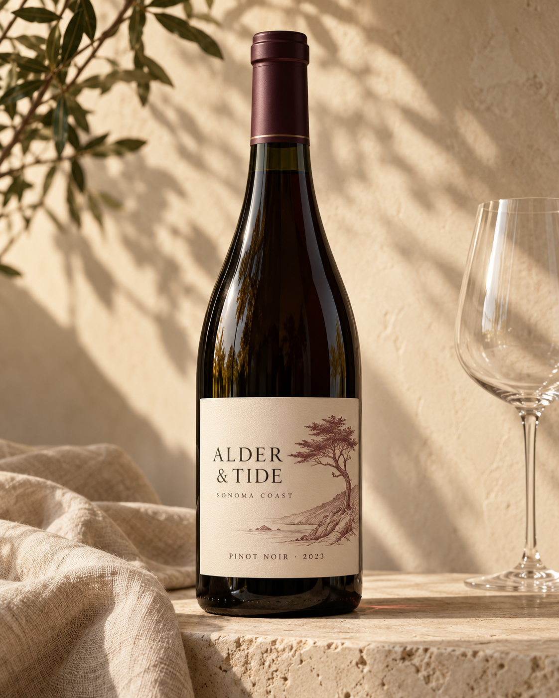 Illustrative Alder & Tide Pinot Noir bottle on pale stone beside linen and a wine glass.