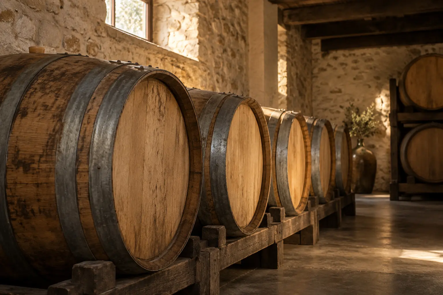 Oak barrels in an imagined warm stone wine cellar