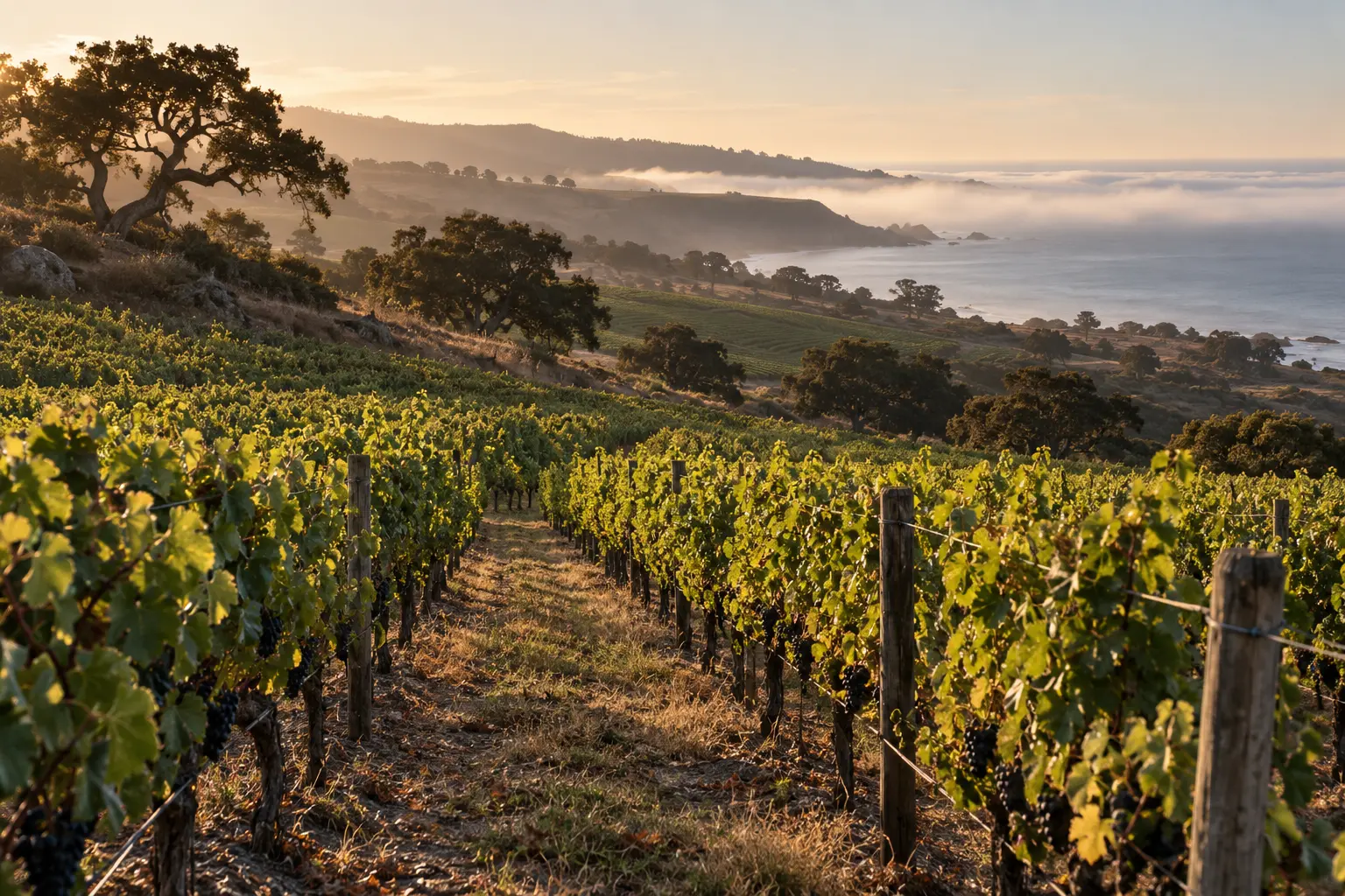 Illustrative coastal California vineyard above the fog