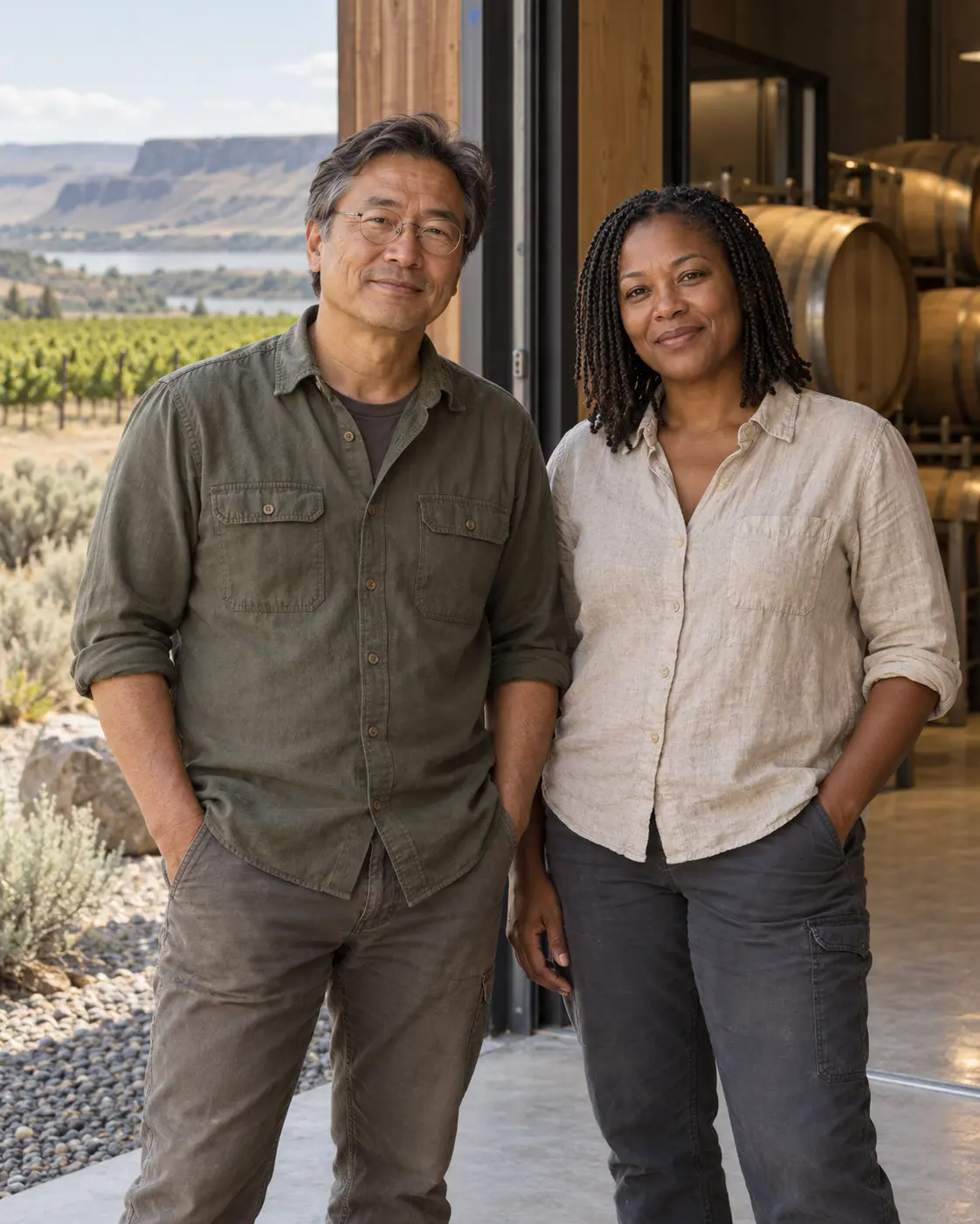 AI-created portrait of the fictional Cedar Almanac Cellars winemakers