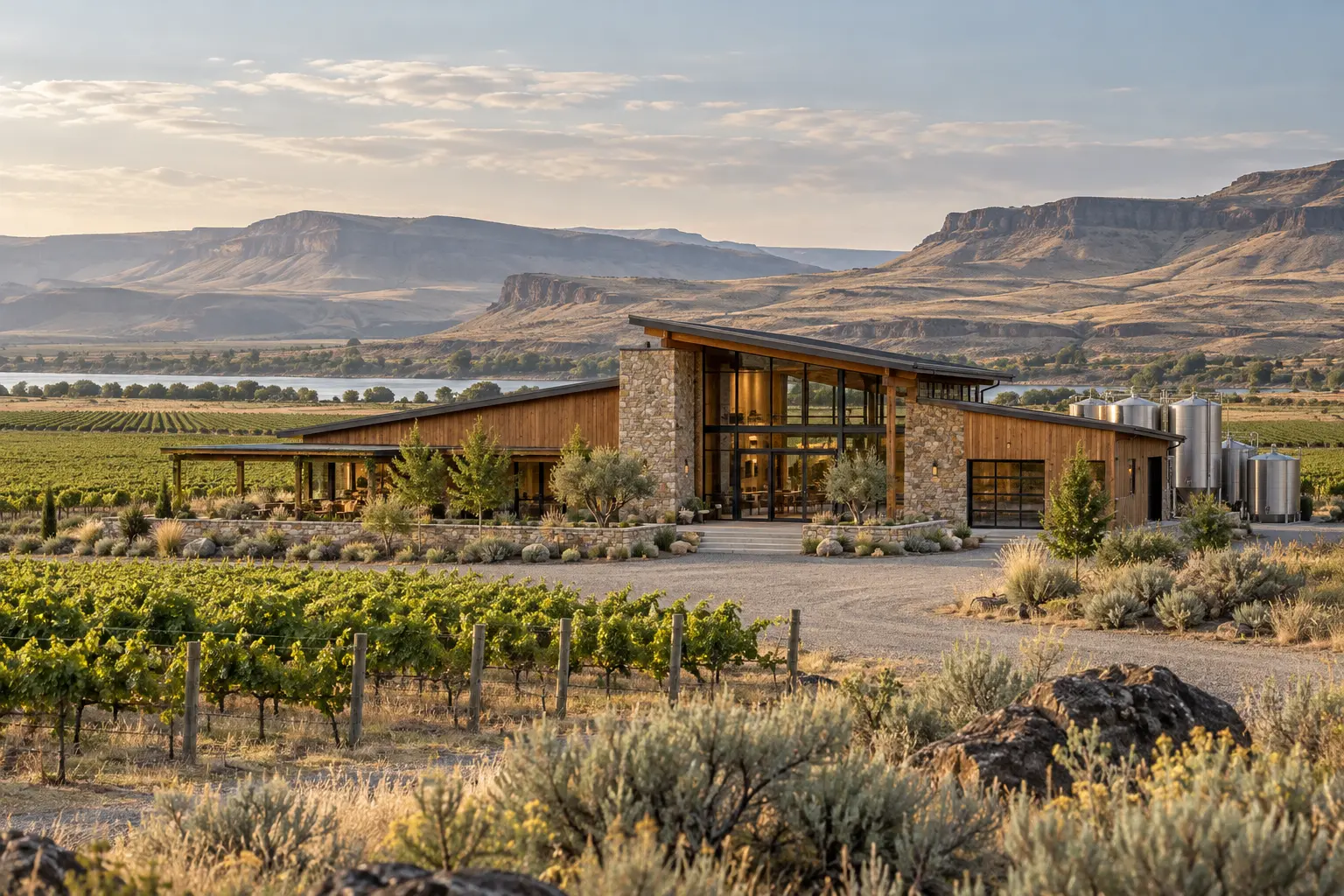 AI-created winery exterior for fictional Cedar Almanac Cellars