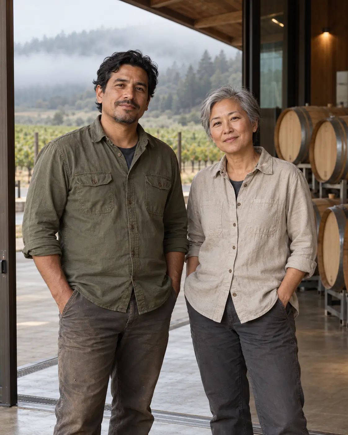 AI-created portrait of the fictional Cloud Arithmetic Cellars winemakers