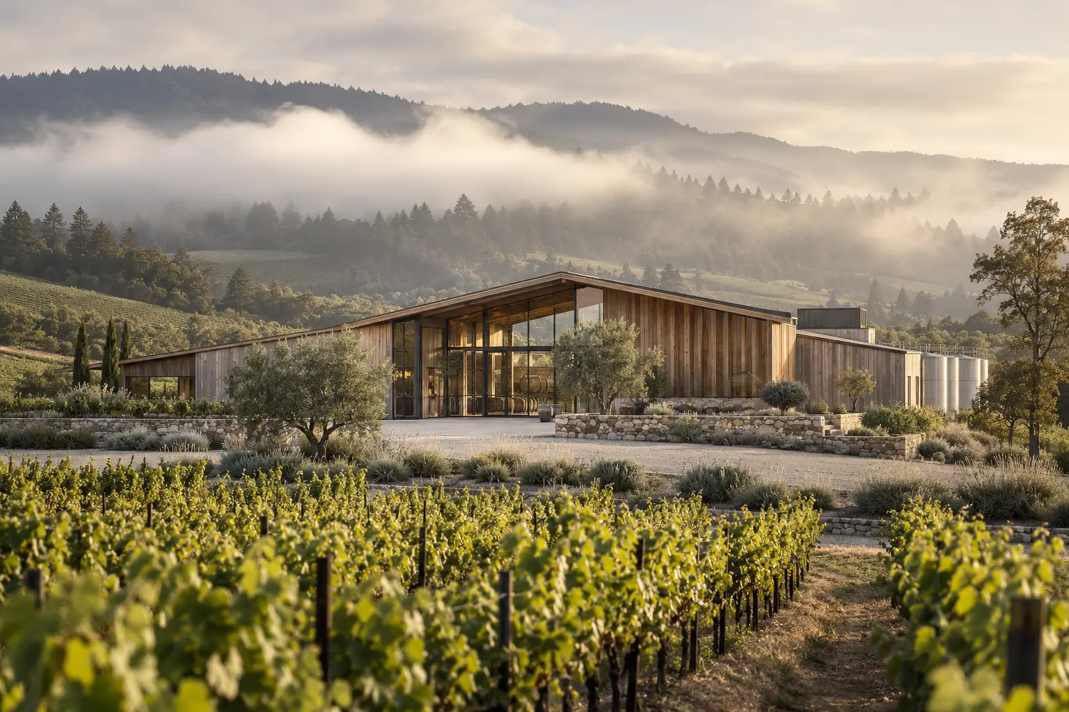 AI-created winery exterior for fictional Cloud Arithmetic Cellars