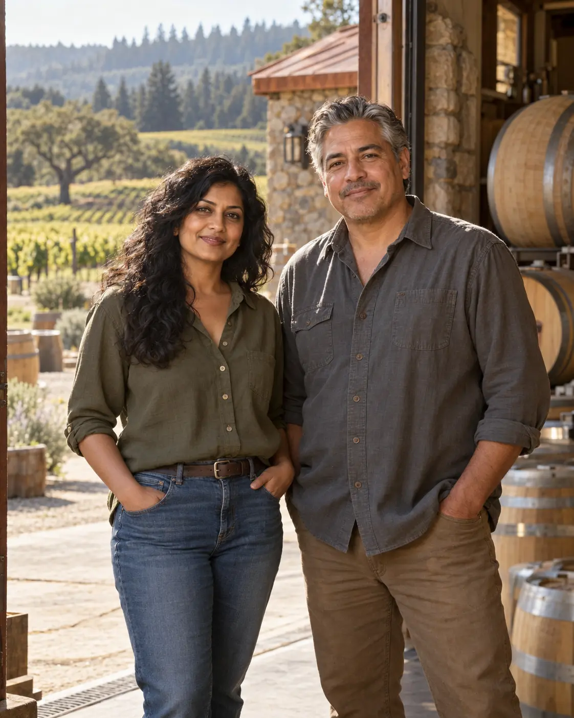 AI-created portrait of the fictional Copper Ribbon Cellars winemakers
