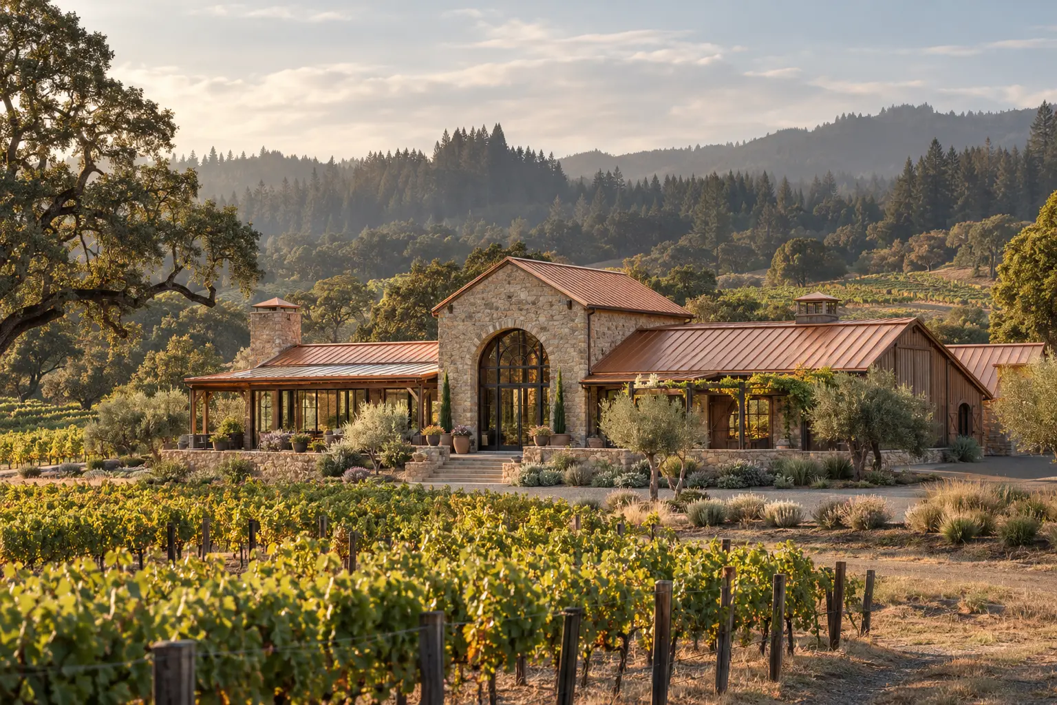 AI-created winery exterior for fictional Copper Ribbon Cellars