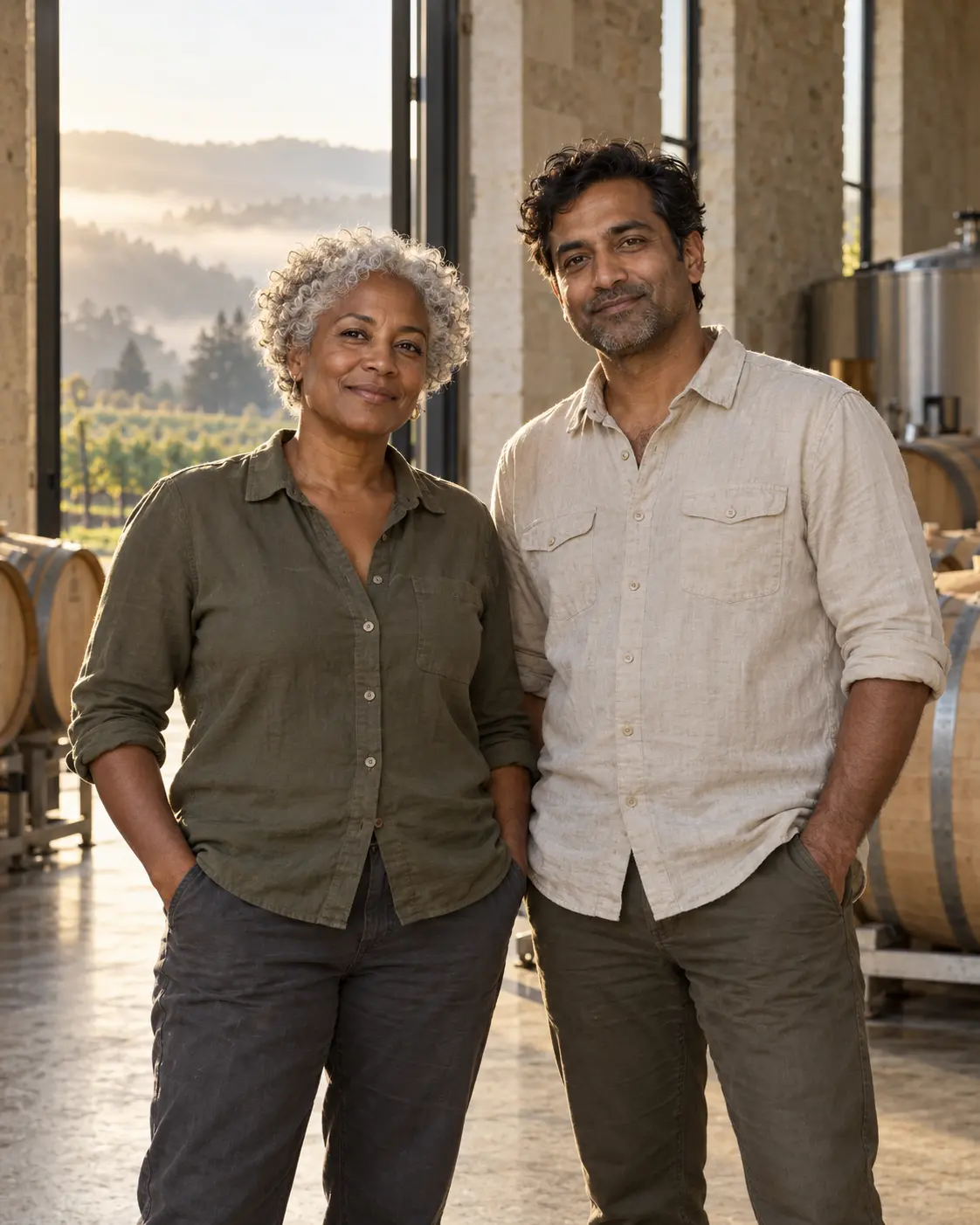AI-created portrait of the fictional Daybreak Dispatch Cellars winemakers