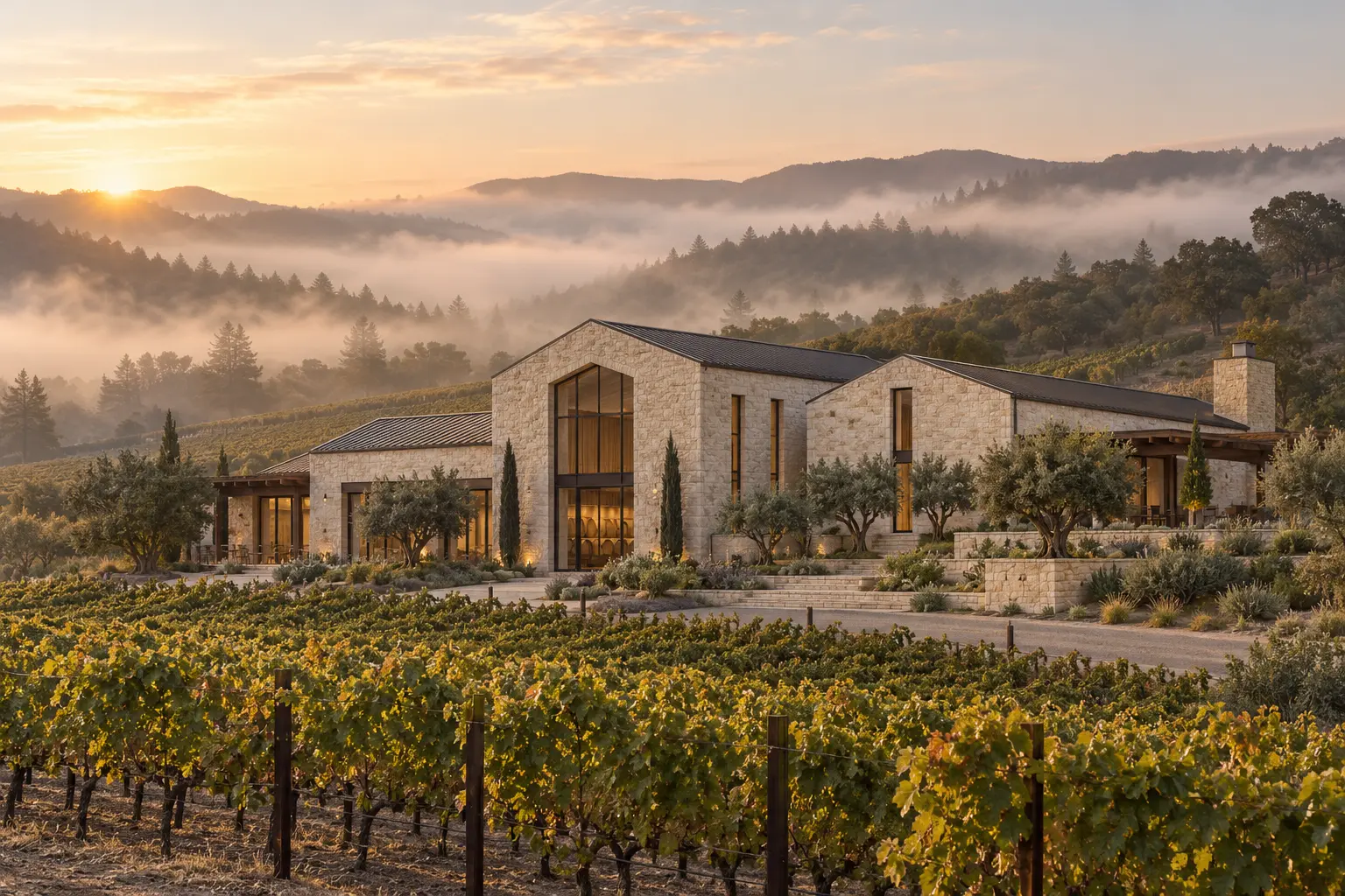 AI-created winery exterior for fictional Daybreak Dispatch Cellars