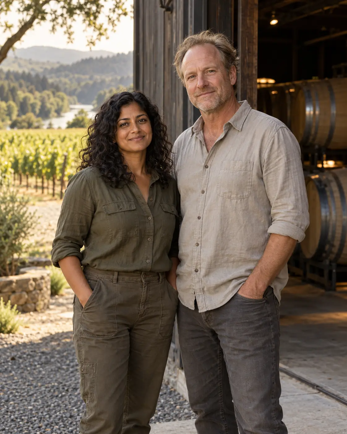 AI-created portrait of the fictional Evening Paper Cellars winemakers