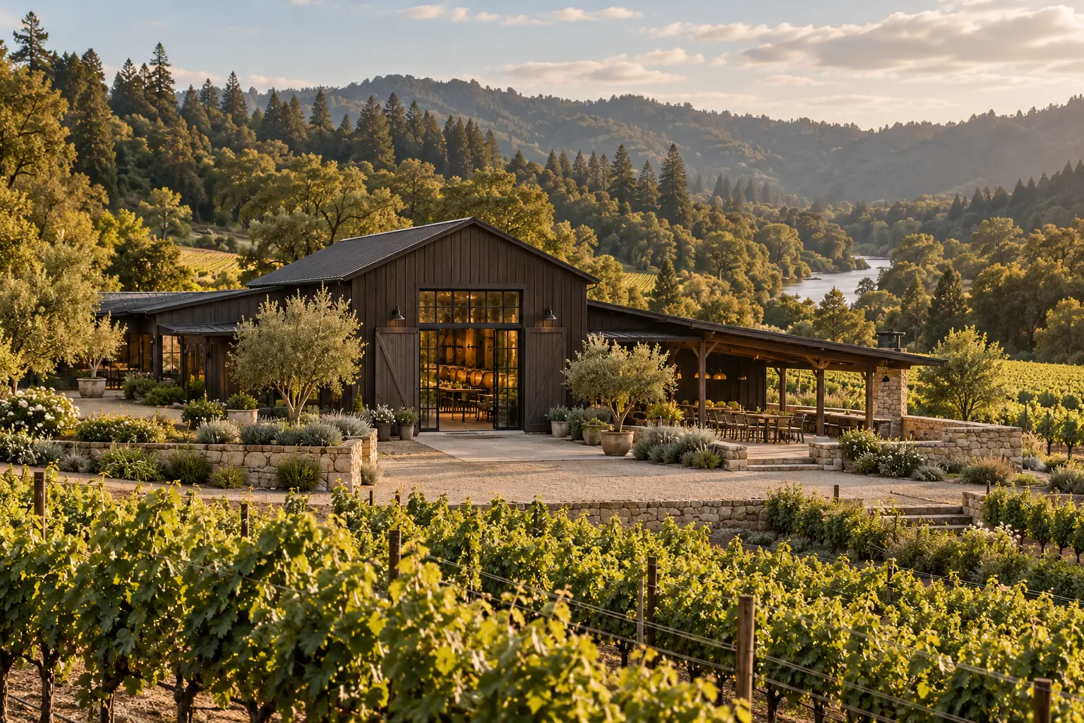 AI-created winery exterior for fictional Evening Paper Cellars