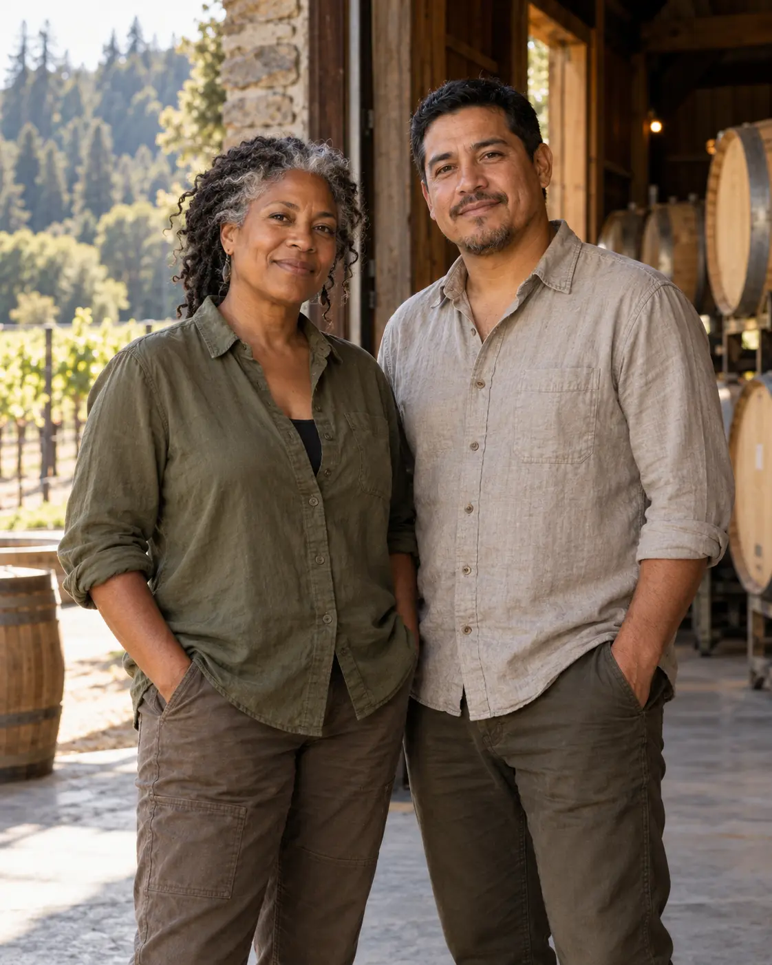 AI-created portrait of the fictional Golden Interval Cellars winemakers