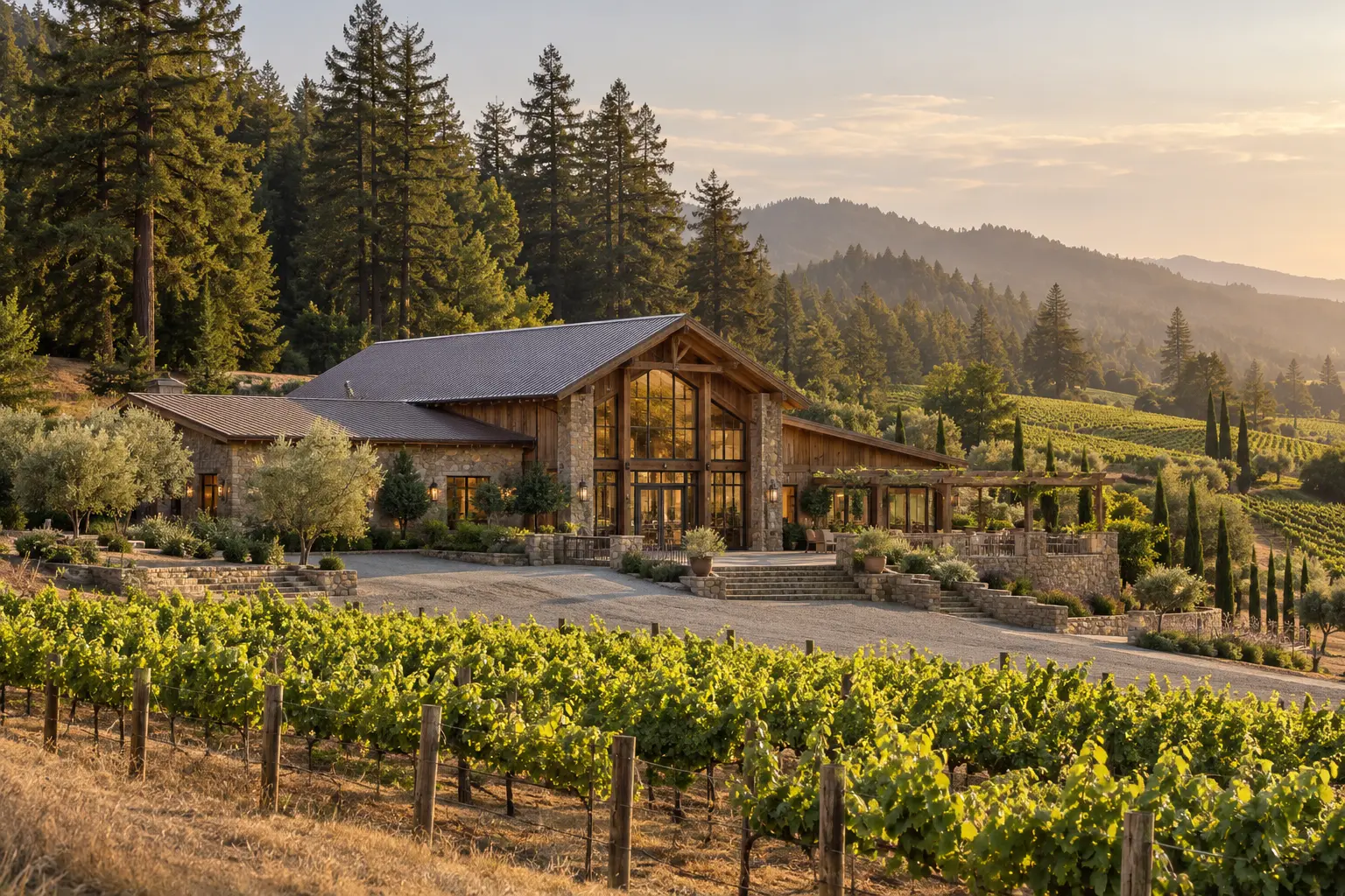 AI-created winery exterior for fictional Golden Interval Cellars