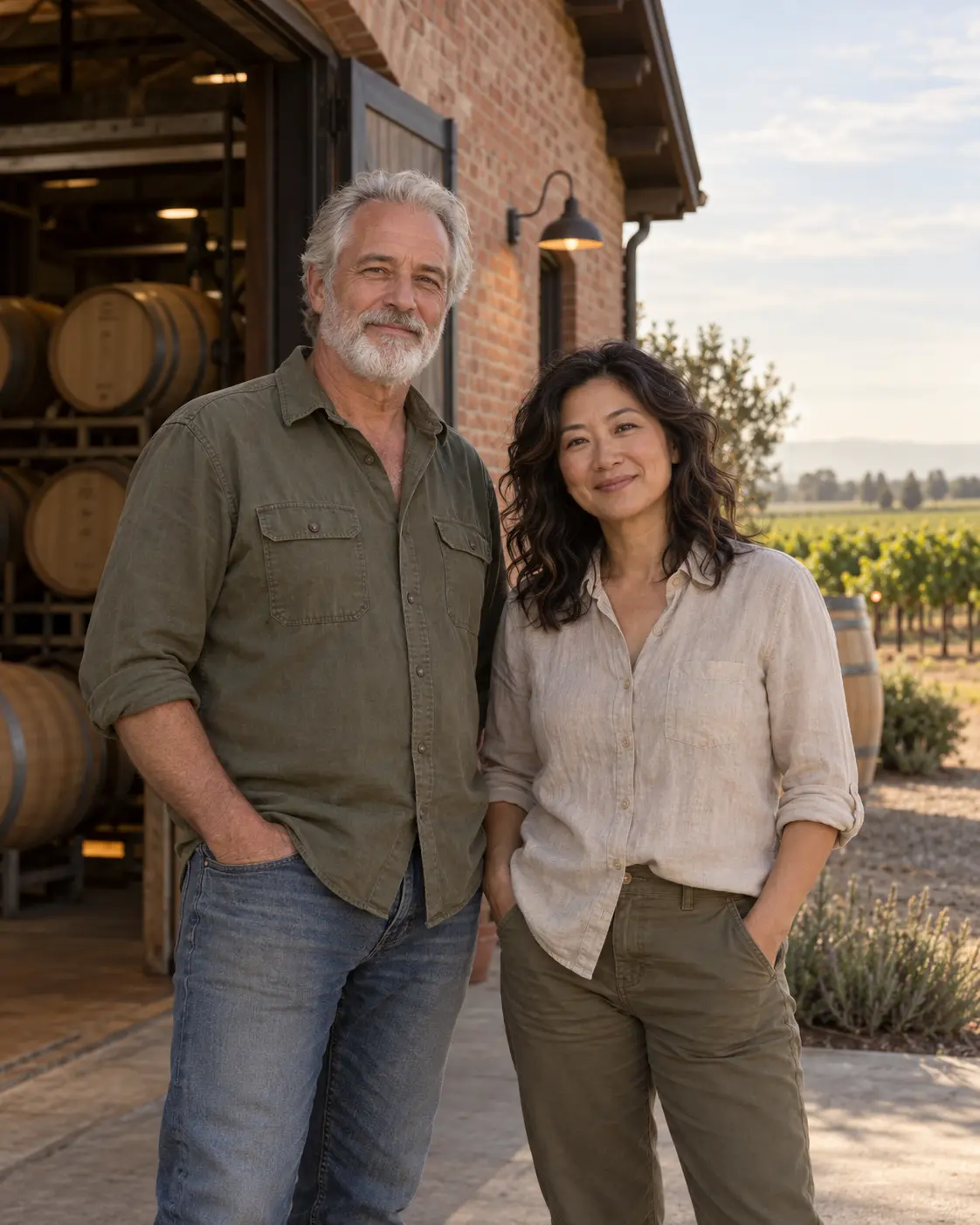 AI-created portrait of the fictional Hearth & Horizon Cellars winemakers