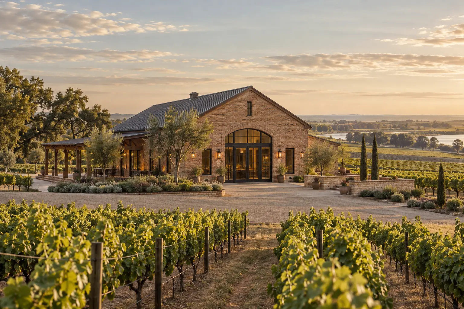 AI-created winery exterior for fictional Hearth & Horizon Cellars