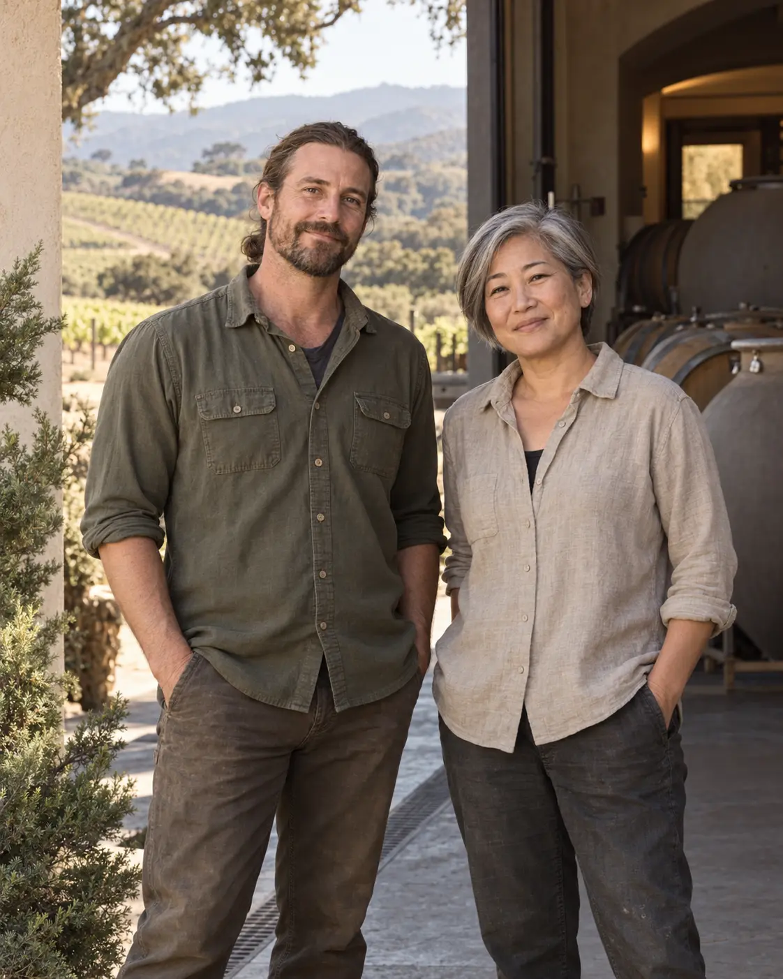 AI-created portrait of the fictional Juniper Ledger Cellars winemakers