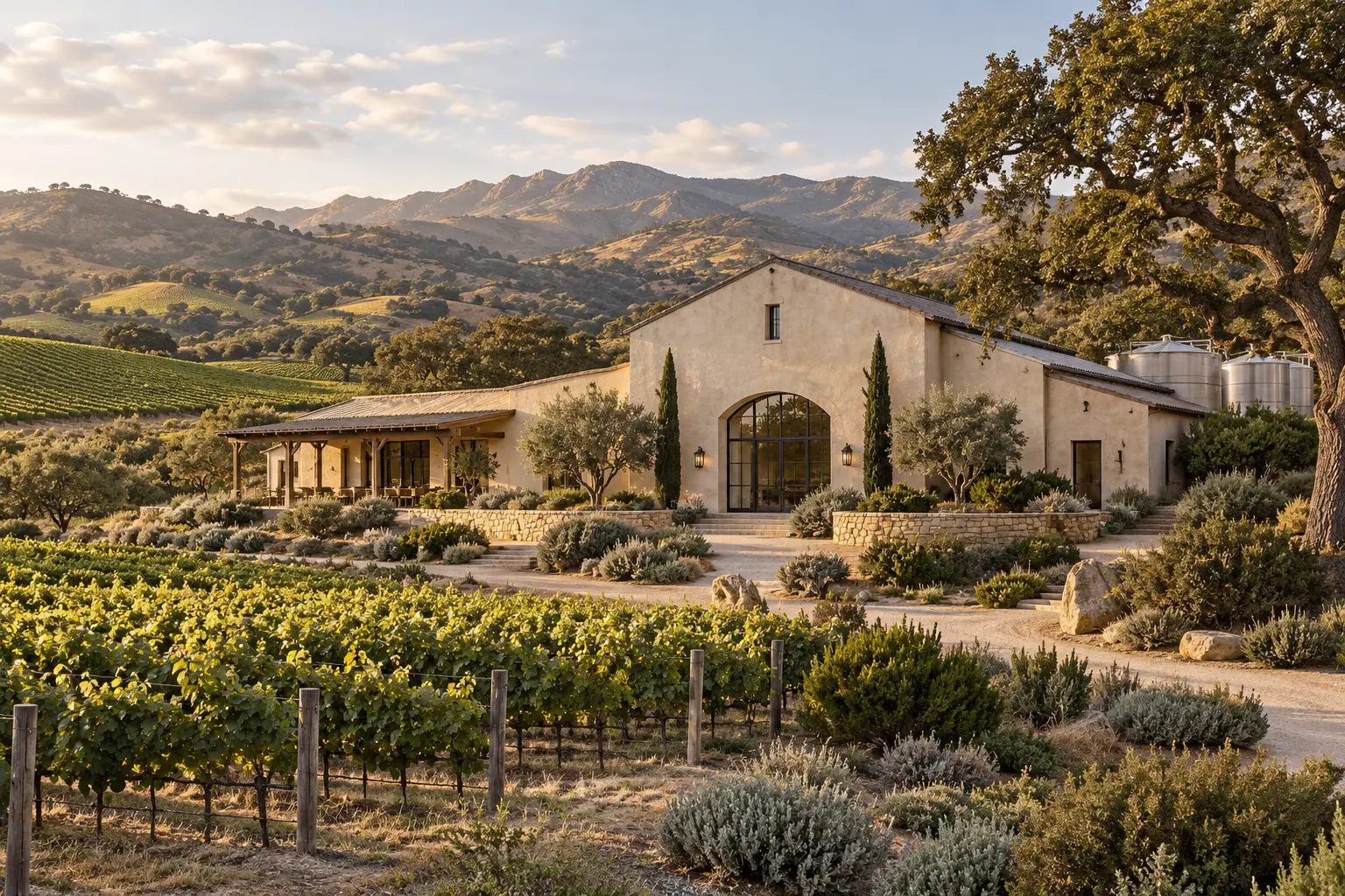 AI-created winery exterior for fictional Juniper Ledger Cellars