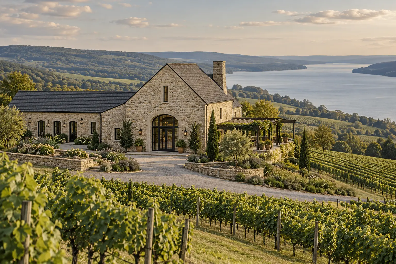 AI-created winery exterior for fictional Linen & Stone Cellars