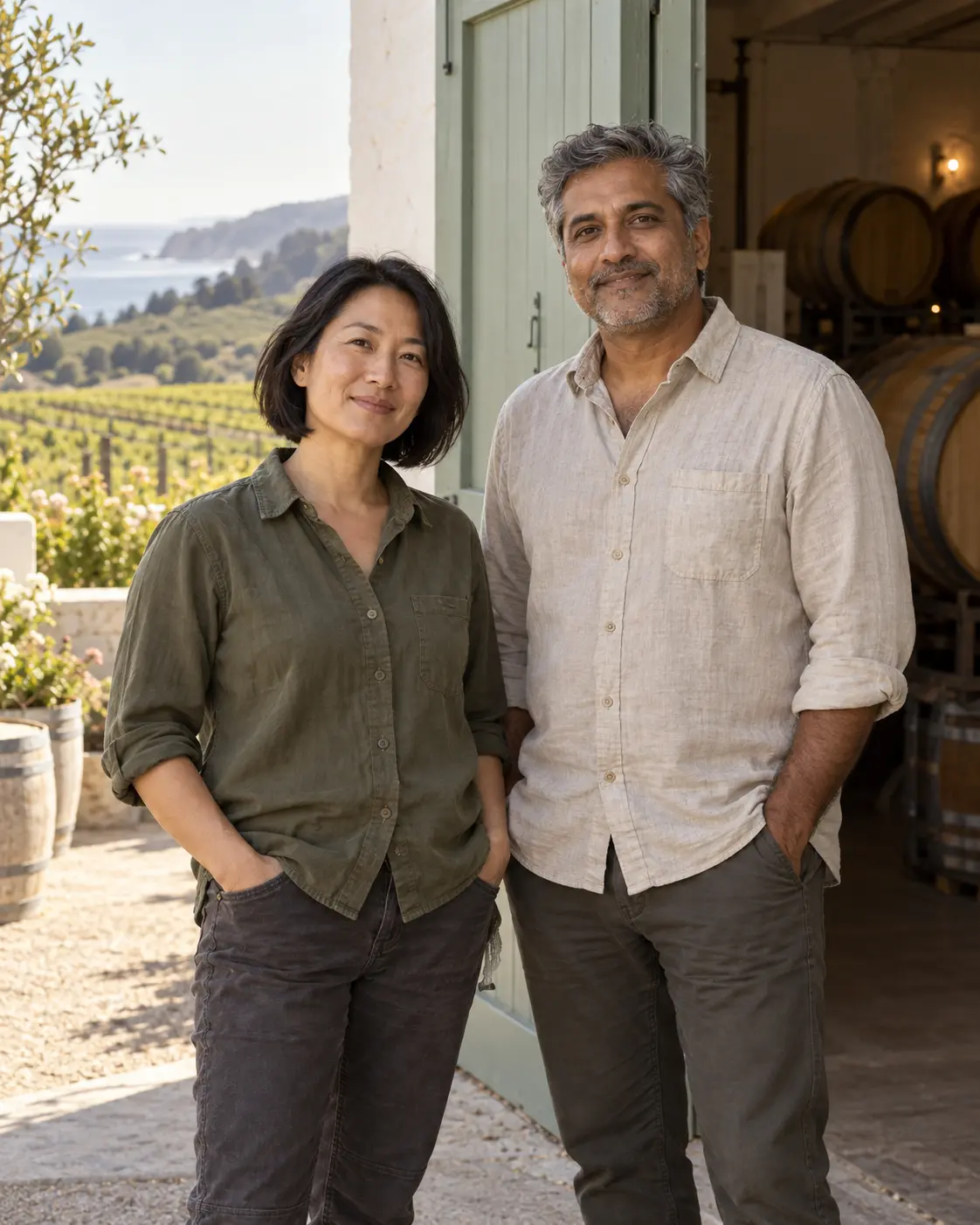 AI-created portrait of the fictional Little Meridian Cellars winemakers