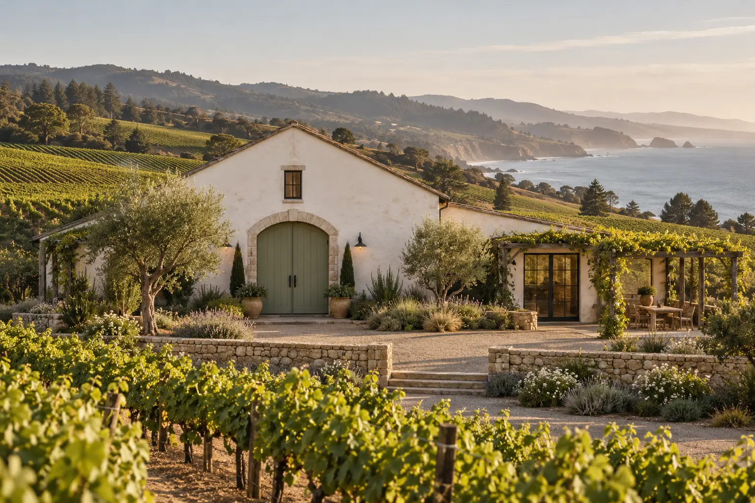 AI-created winery exterior for fictional Little Meridian Cellars
