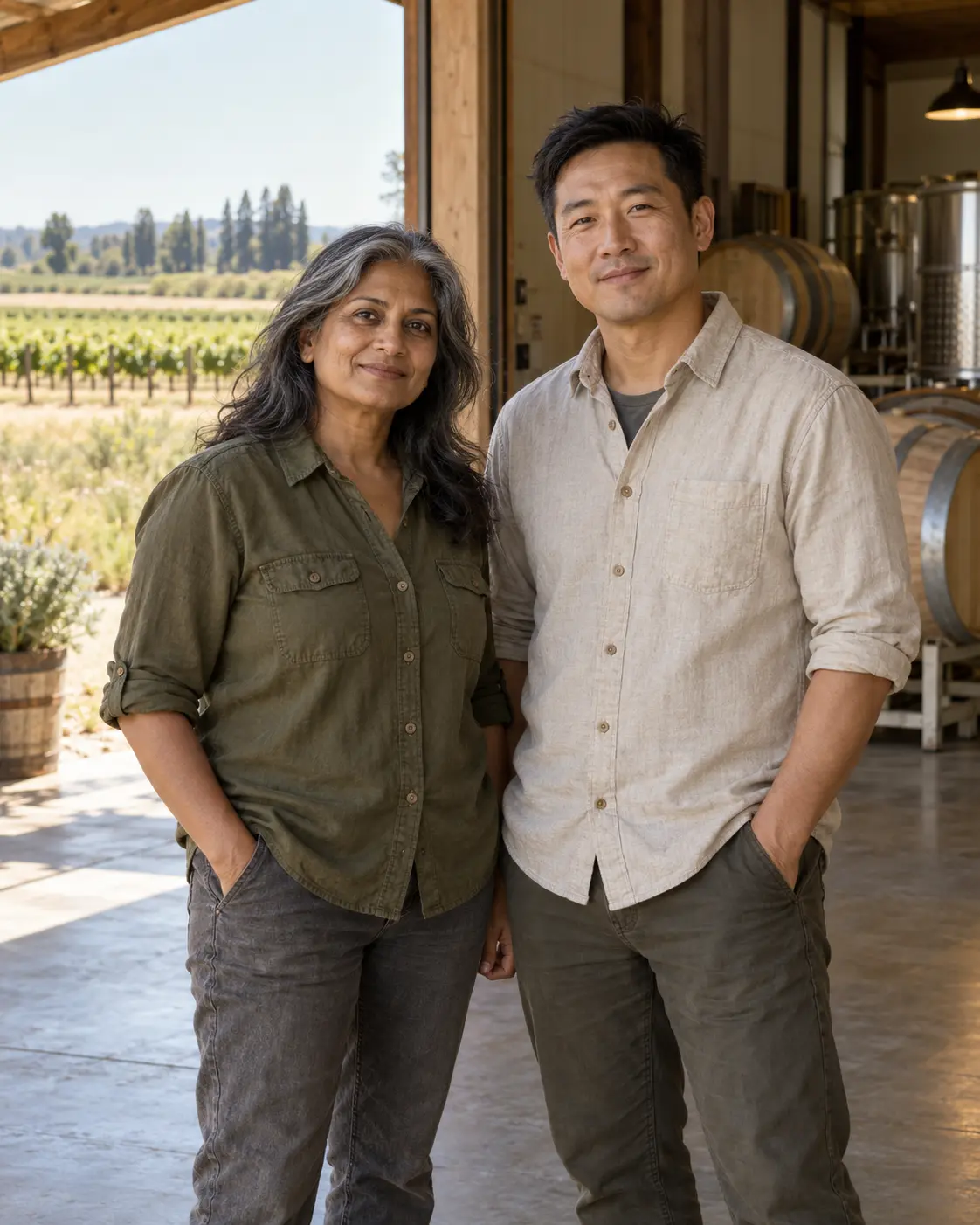 AI-created portrait of the fictional Monday Meadow Cellars winemakers