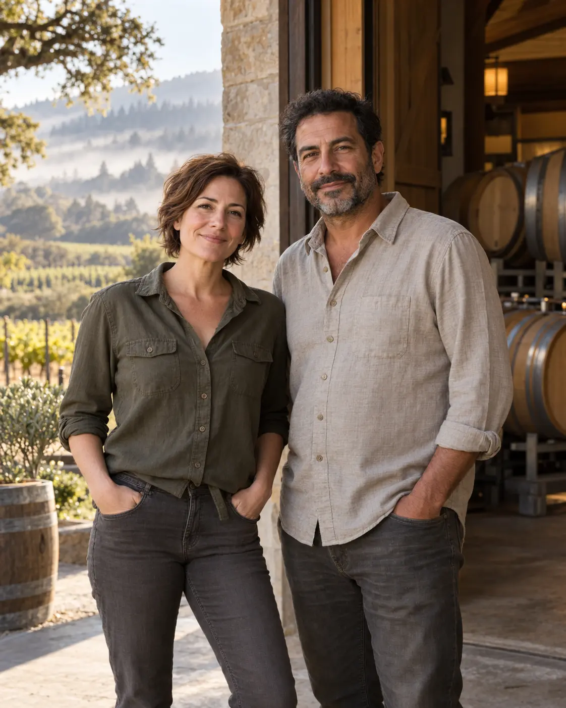 AI-created portrait of the fictional Morrow Field Cellars winemakers