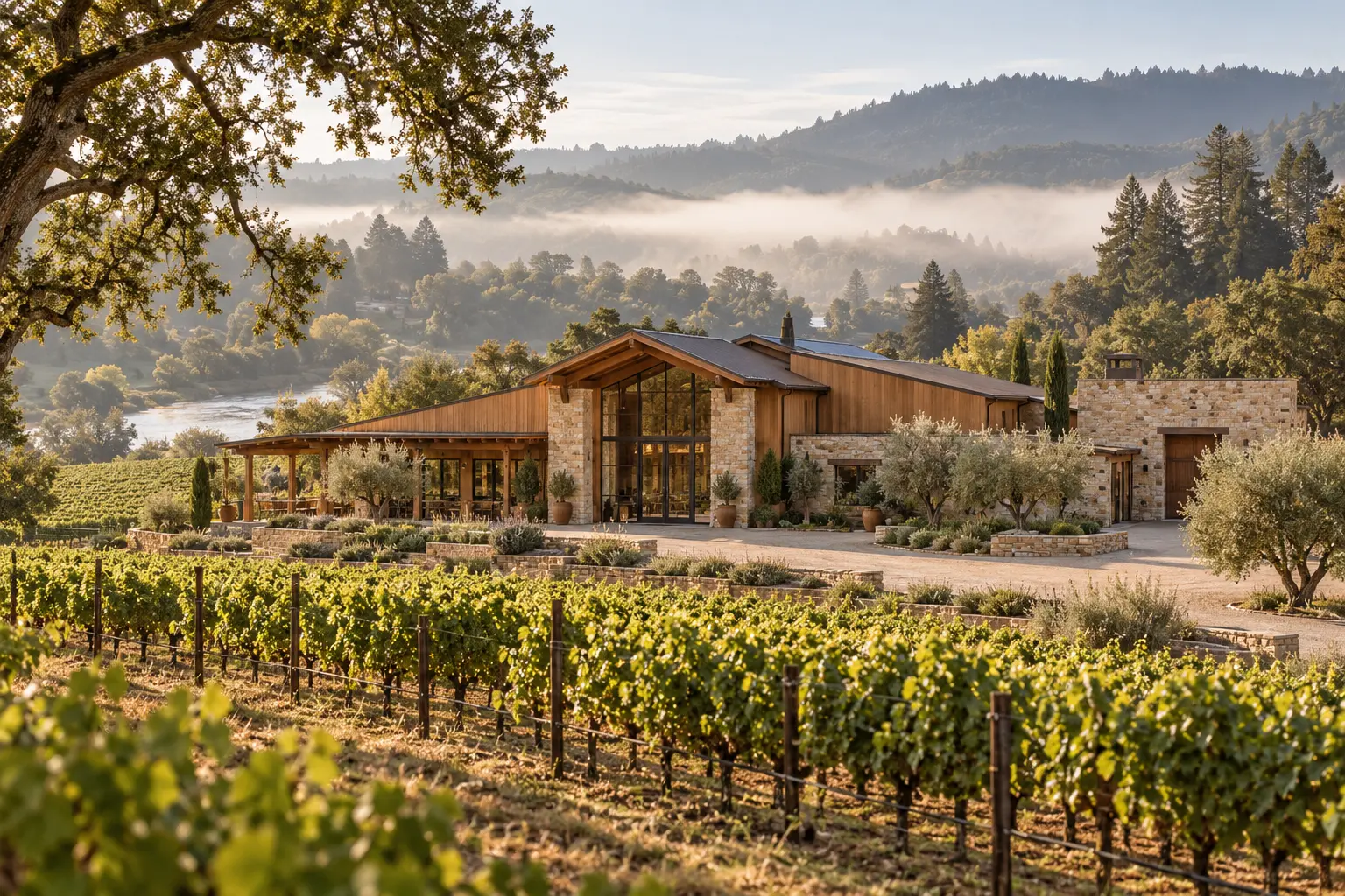 AI-created winery exterior for fictional Morrow Field Cellars