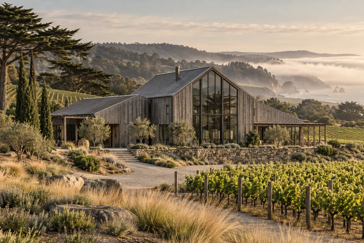 AI-created winery exterior for fictional North Window Cellars