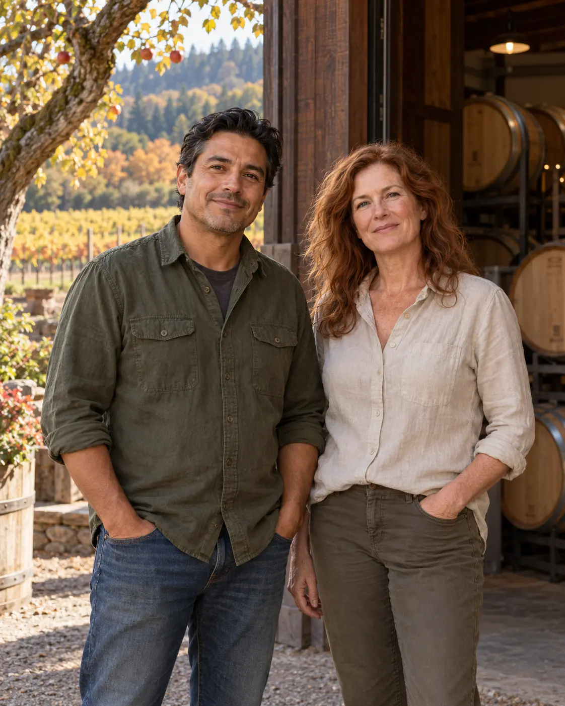 AI-created portrait of the fictional October Orchard Cellars winemakers