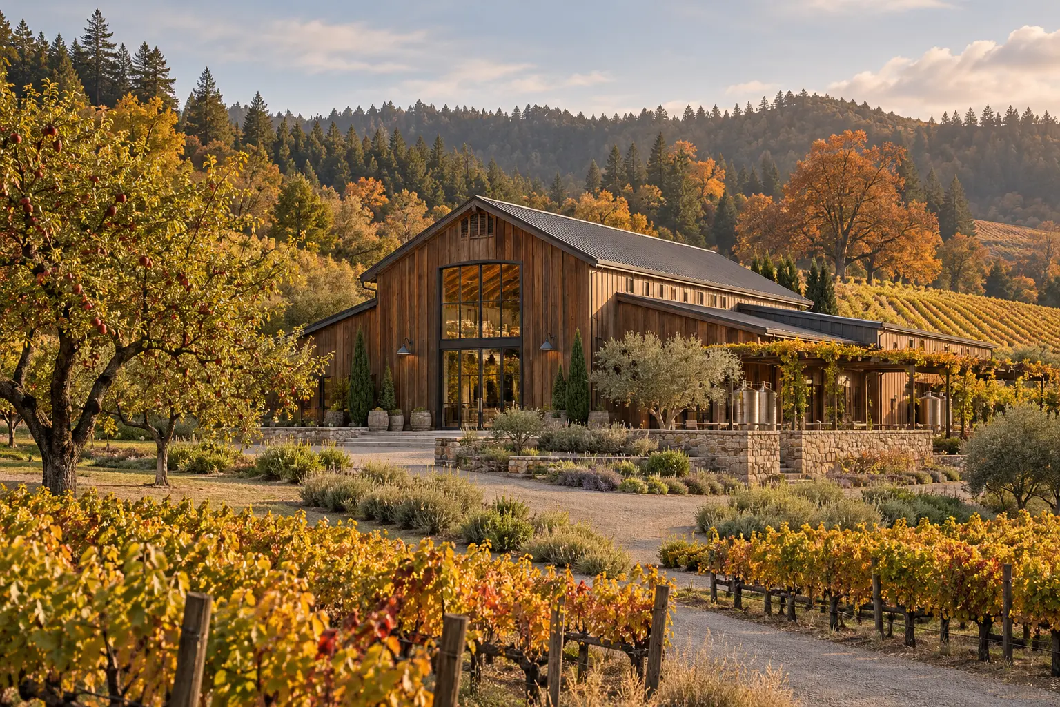 AI-created winery exterior for fictional October Orchard Cellars