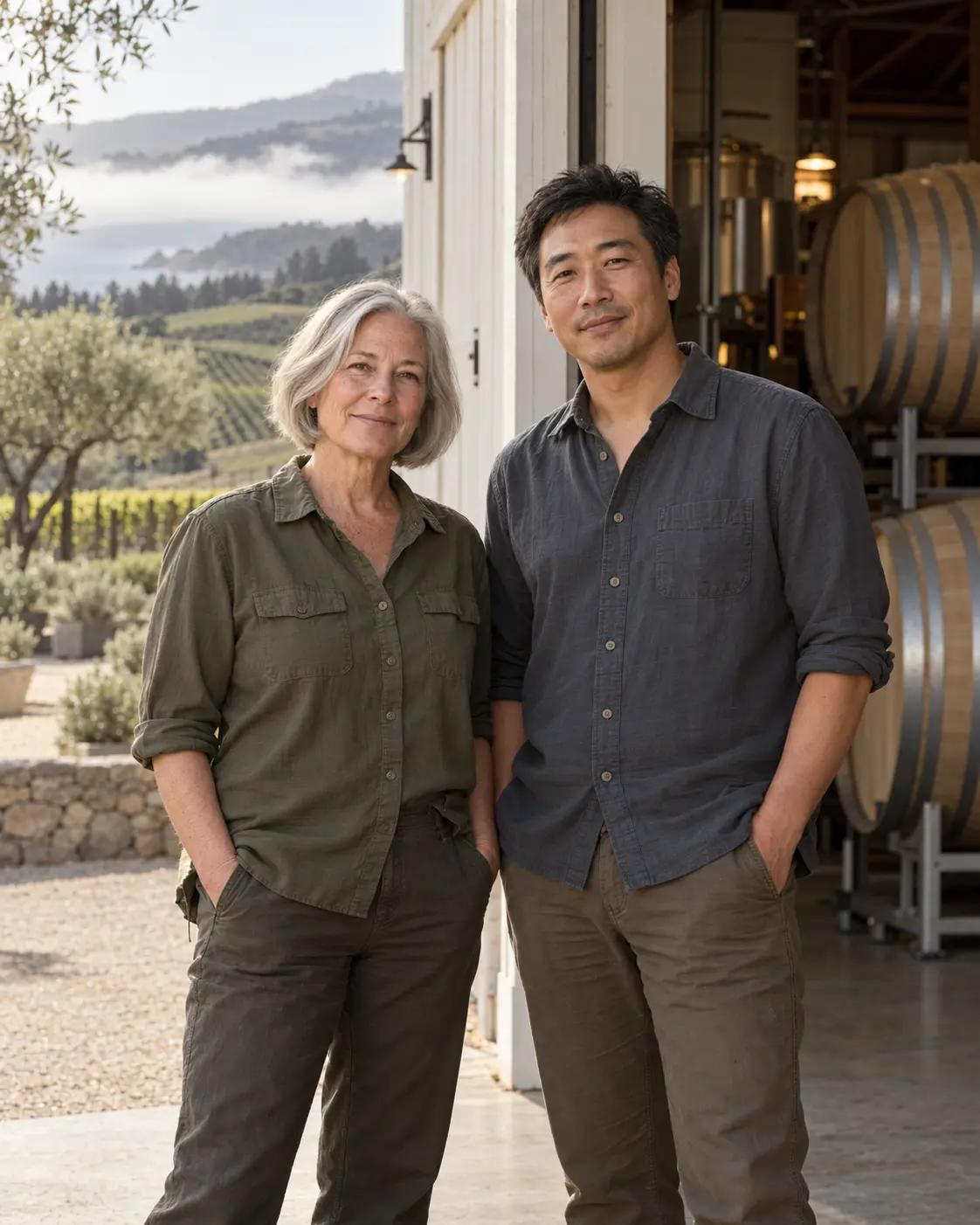 AI-created portrait of the fictional Pale Acre Cellars winemakers