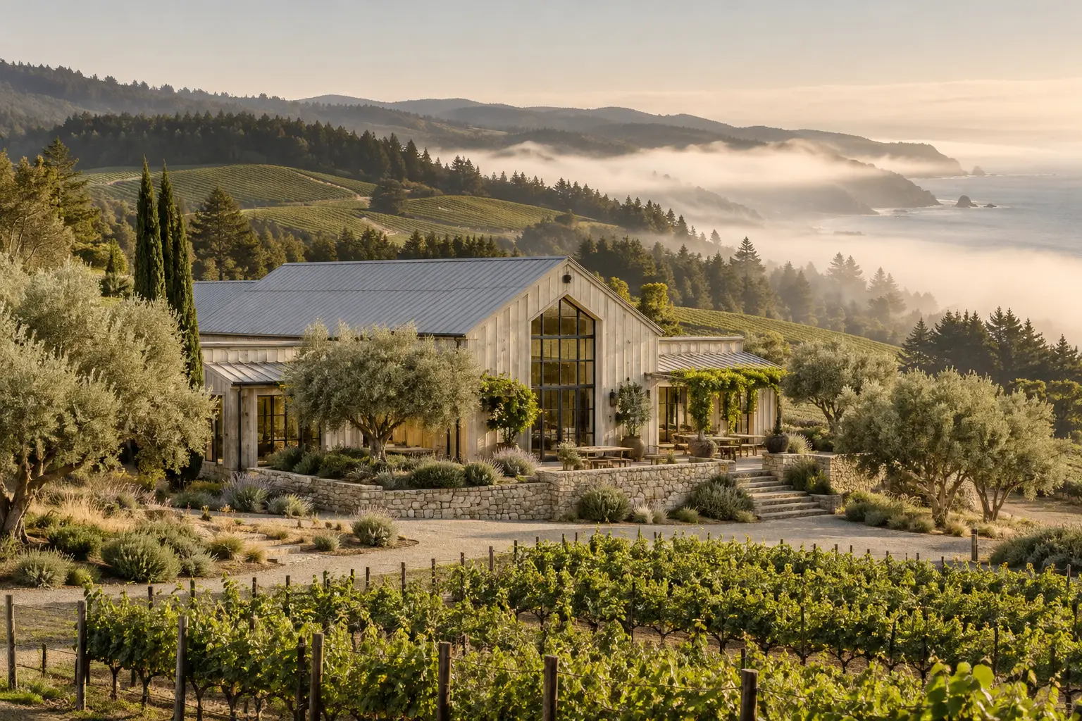 AI-created winery exterior for fictional Pale Acre Cellars