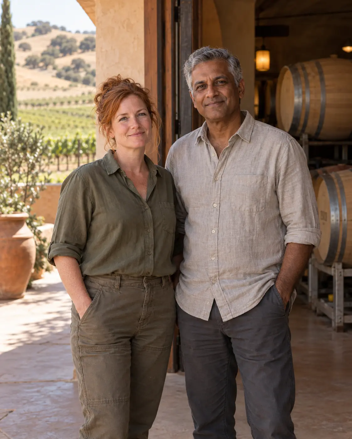 AI-created portrait of the fictional Porchlight Press Cellars winemakers