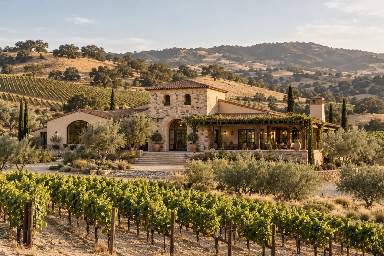 AI-created winery exterior for fictional Porchlight Press Cellars