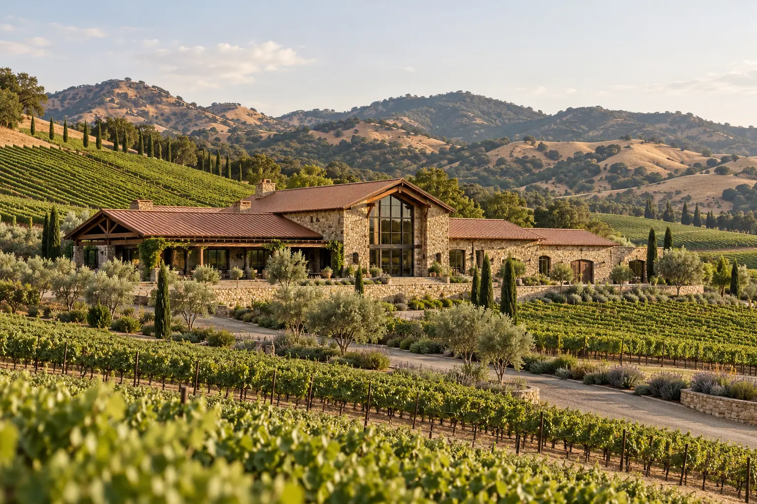 AI-created winery exterior for fictional Red Thread Cellars
