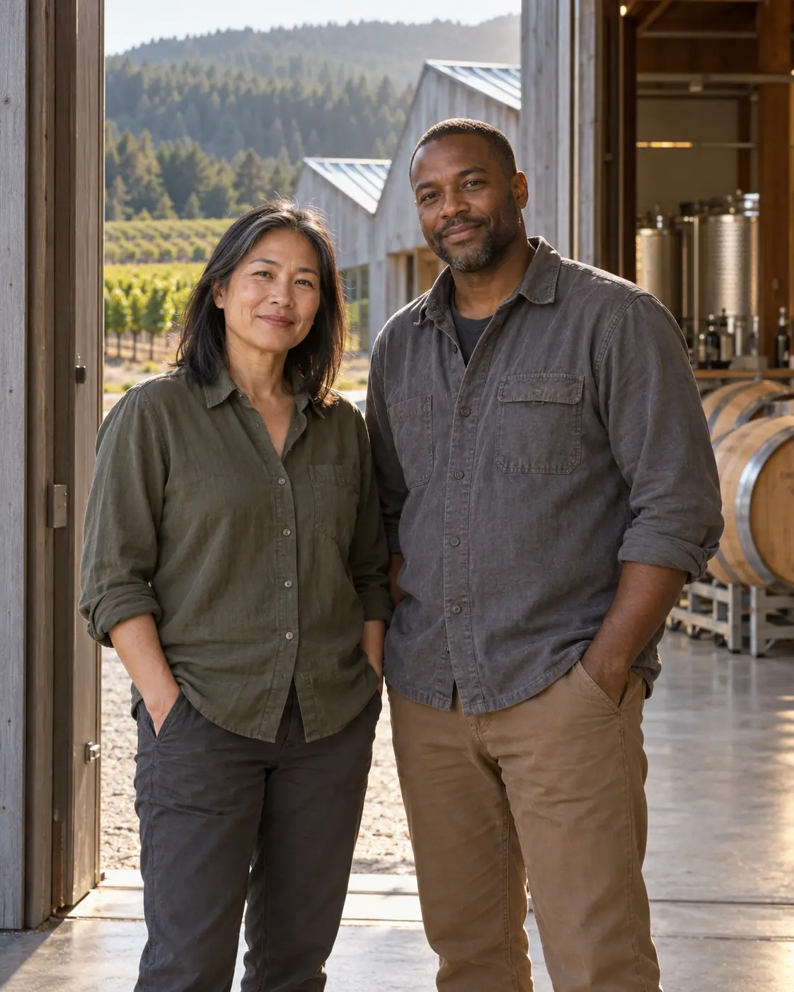 AI-created portrait of the fictional Silver Fold Cellars winemakers