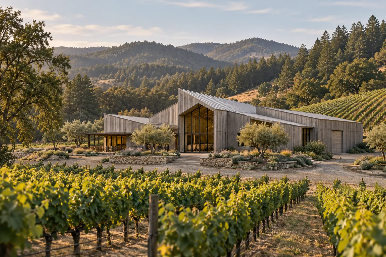 AI-created winery exterior for fictional Silver Fold Cellars