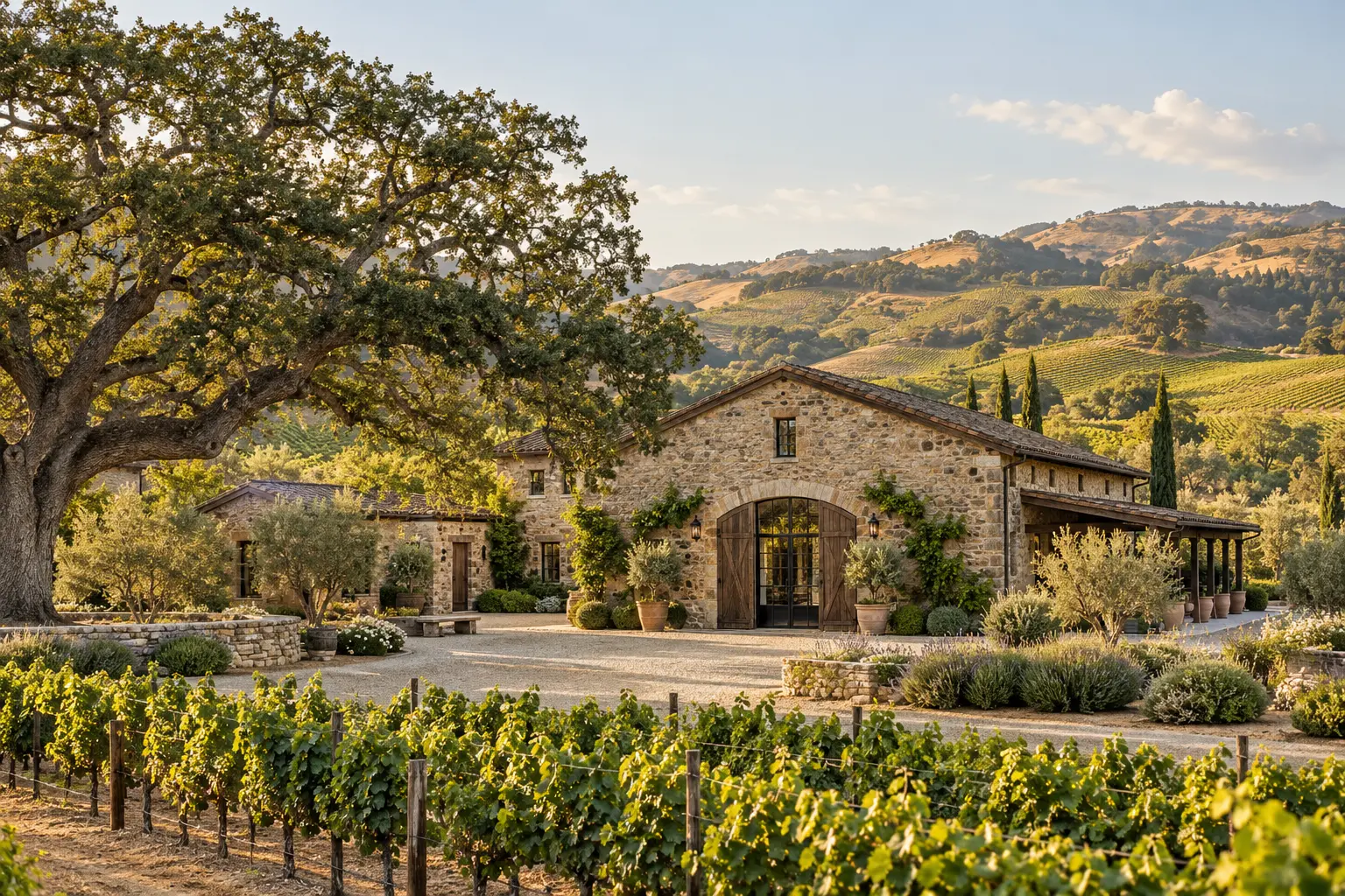 AI-created winery exterior for fictional Stillwater Row Cellars