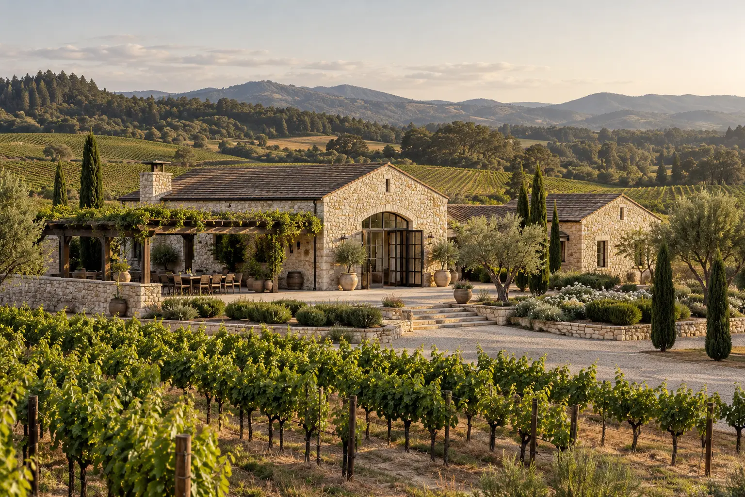 AI-created winery exterior for fictional Sunday Signal Cellars