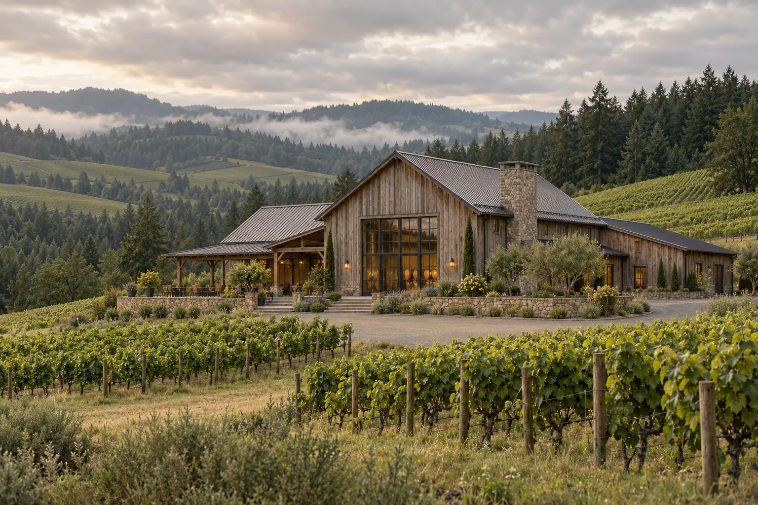 AI-created winery exterior for fictional The Quiet Toast Cellars