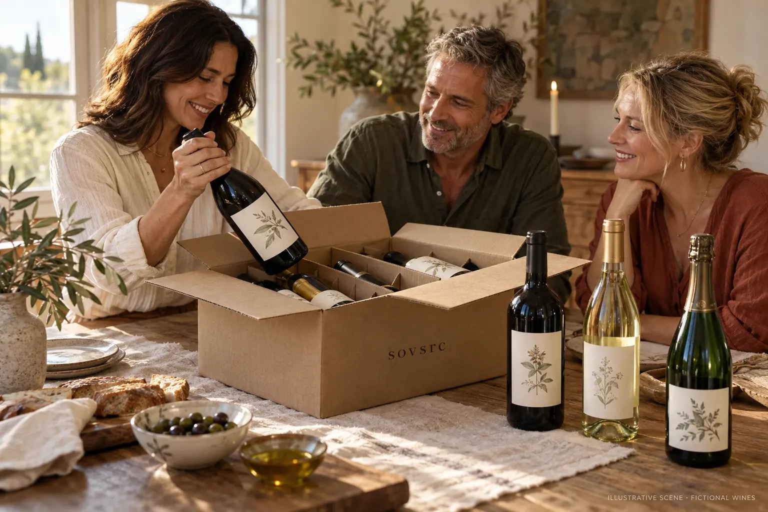 AI-created scene of adult friends unpacking a mixed wine case at a dining table