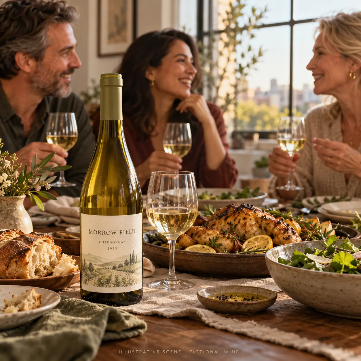 AI-created illustrative gathering with adult friends and a bottle of Morrow Field; not a customer photograph