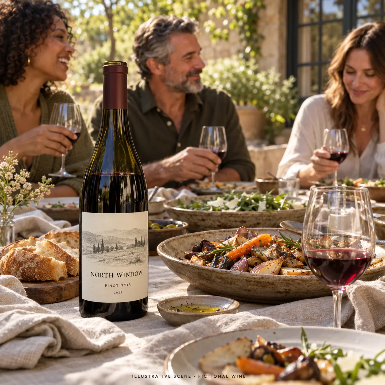 AI-created illustrative gathering with adult friends and a bottle of North Window; not a customer photograph