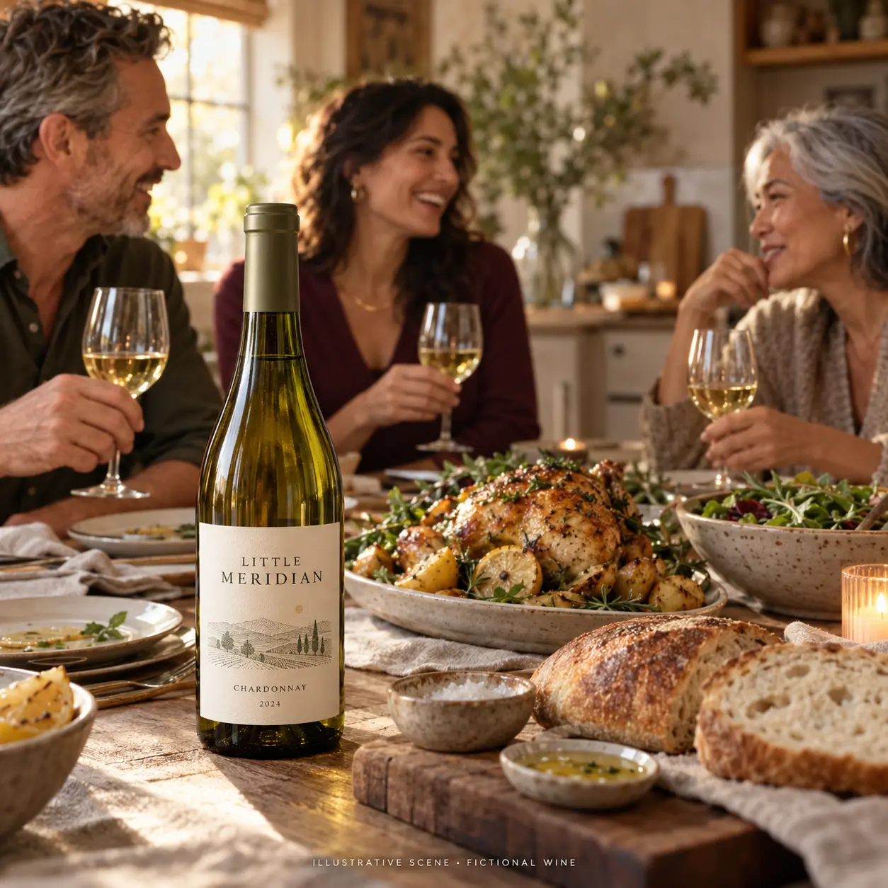 AI-created illustrative gathering with adult friends and a bottle of Little Meridian; not a customer photograph