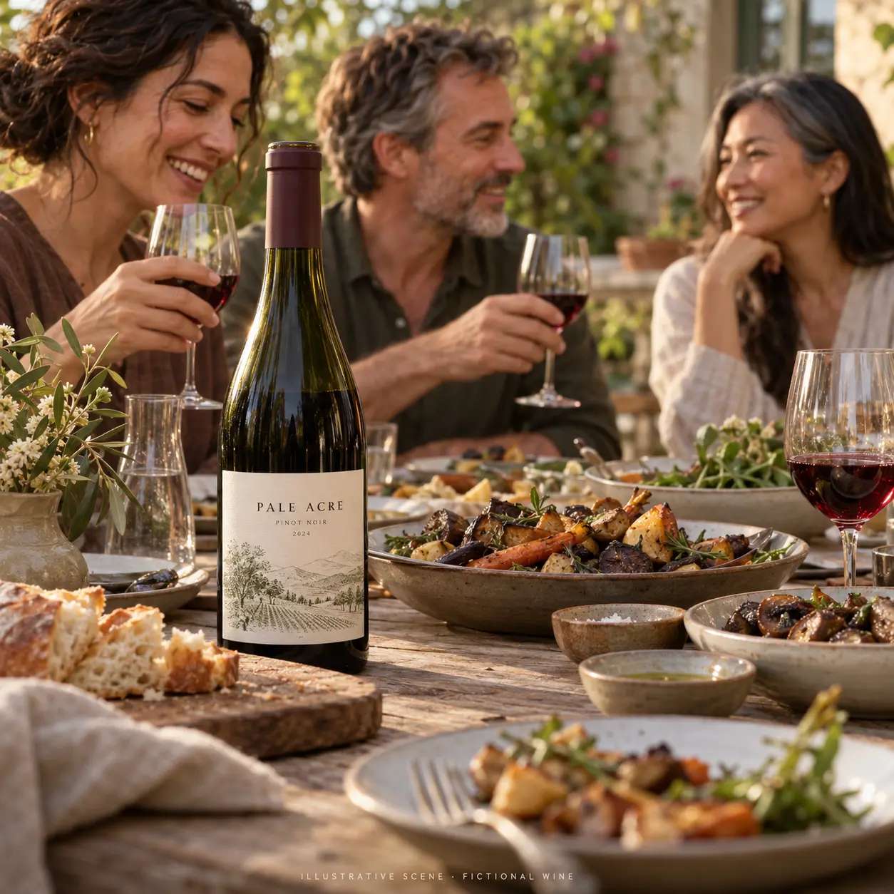 AI-created illustrative gathering with adult friends and a bottle of Pale Acre; not a customer photograph