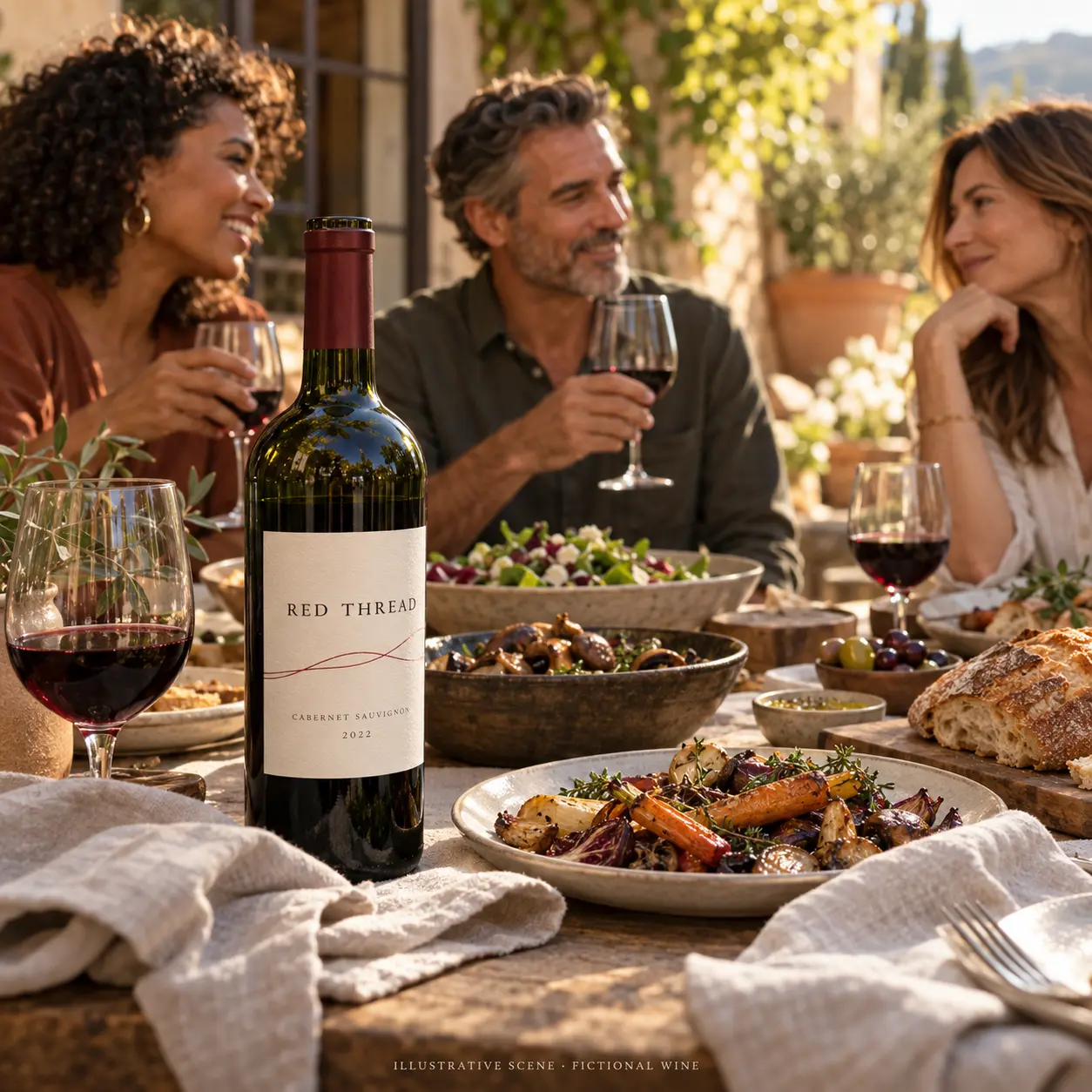 AI-created illustrative gathering with adult friends and a bottle of Red Thread; not a customer photograph