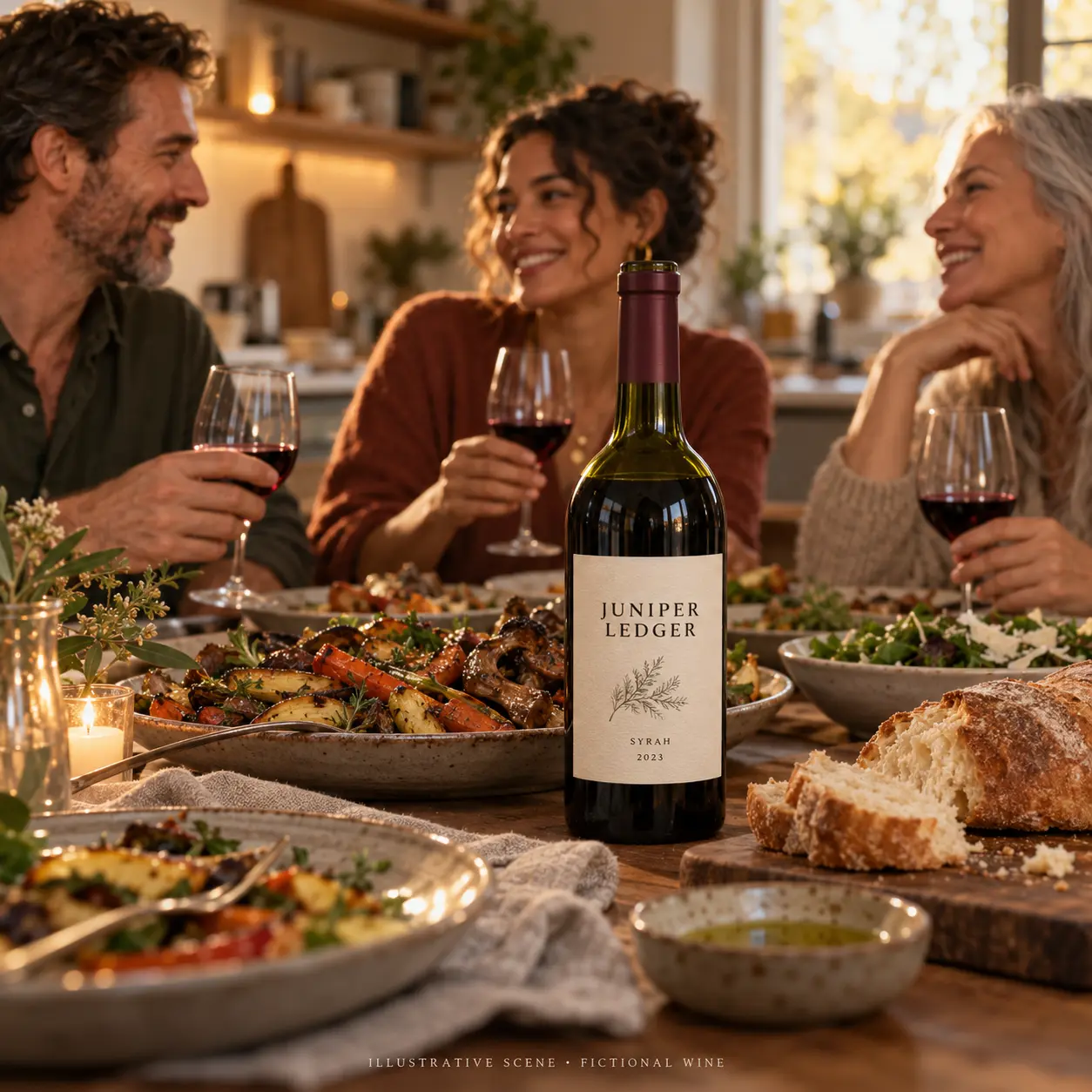 AI-created illustrative gathering with adult friends and a bottle of Juniper Ledger; not a customer photograph
