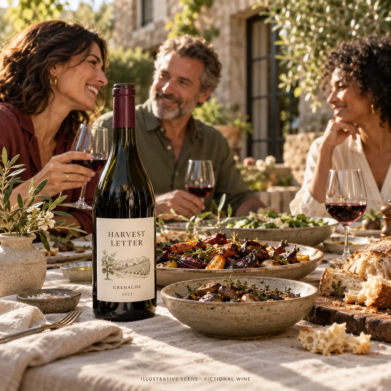AI-created illustrative gathering with adult friends and a bottle of Harvest Letter; not a customer photograph