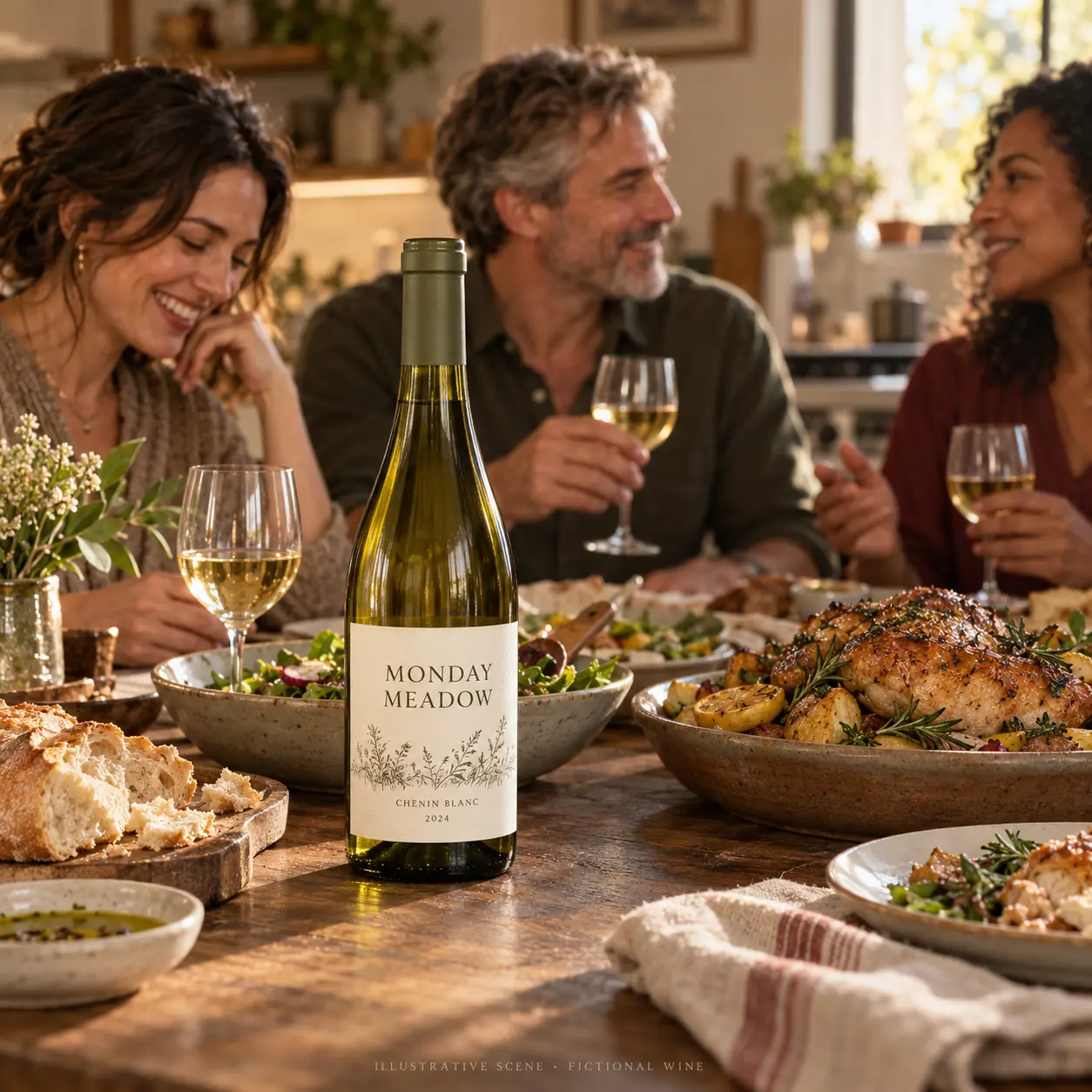 AI-created illustrative gathering with adult friends and a bottle of Monday Meadow; not a customer photograph