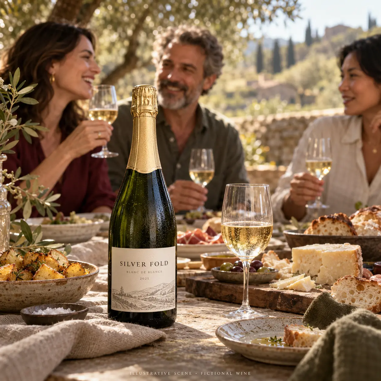 AI-created illustrative gathering with adult friends and a bottle of Silver Fold; not a customer photograph