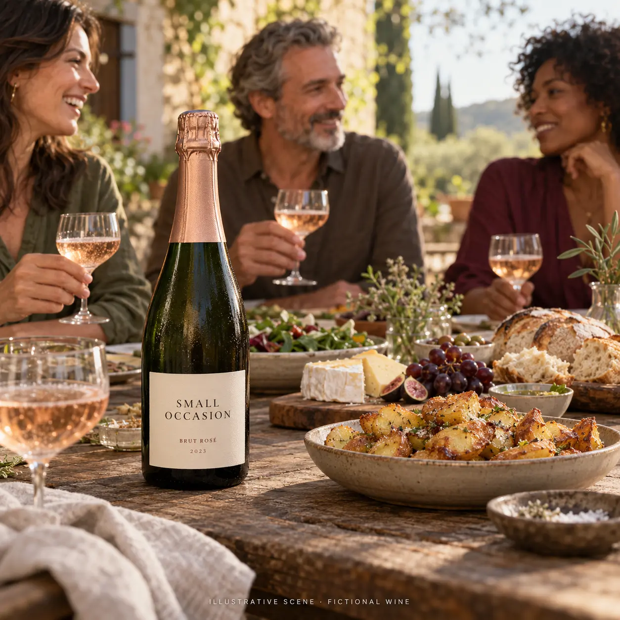 AI-created illustrative gathering with adult friends and a bottle of Small Occasion; not a customer photograph