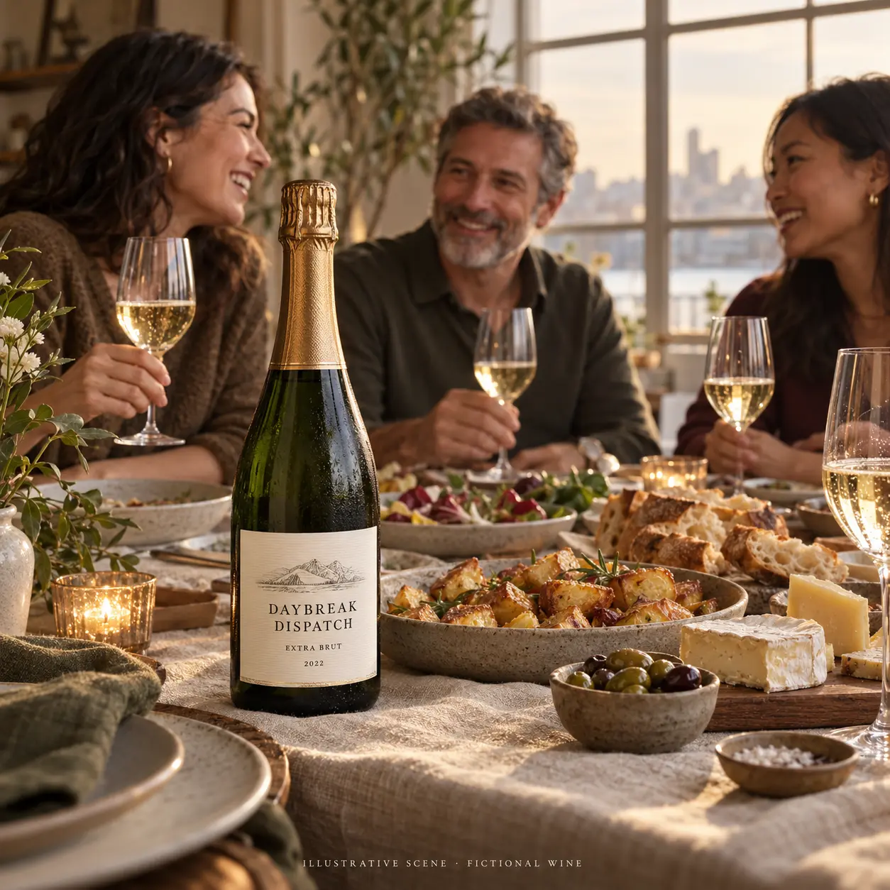 AI-created illustrative gathering with adult friends and a bottle of Daybreak Dispatch; not a customer photograph